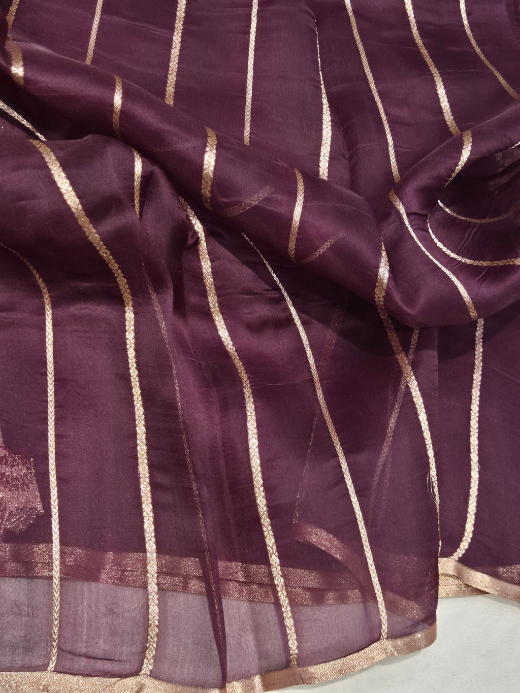 Plum Maroon Kora Silk Banarasi saree full spread