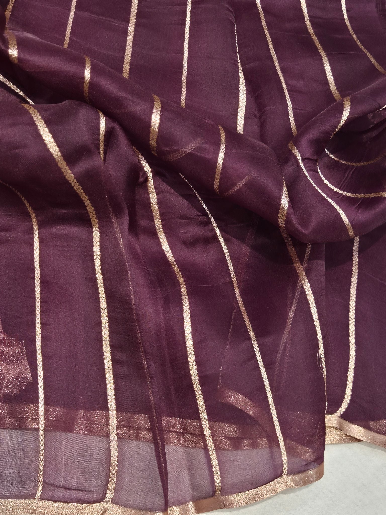 Plum Maroon Kora Silk Banarasi saree full spread