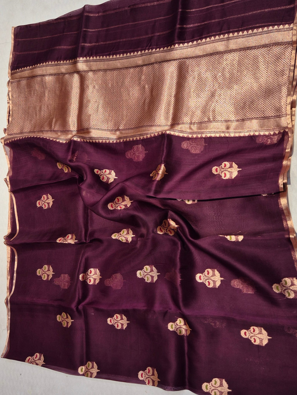 Plum Maroon Kora Silk Banarasi saree texture detail