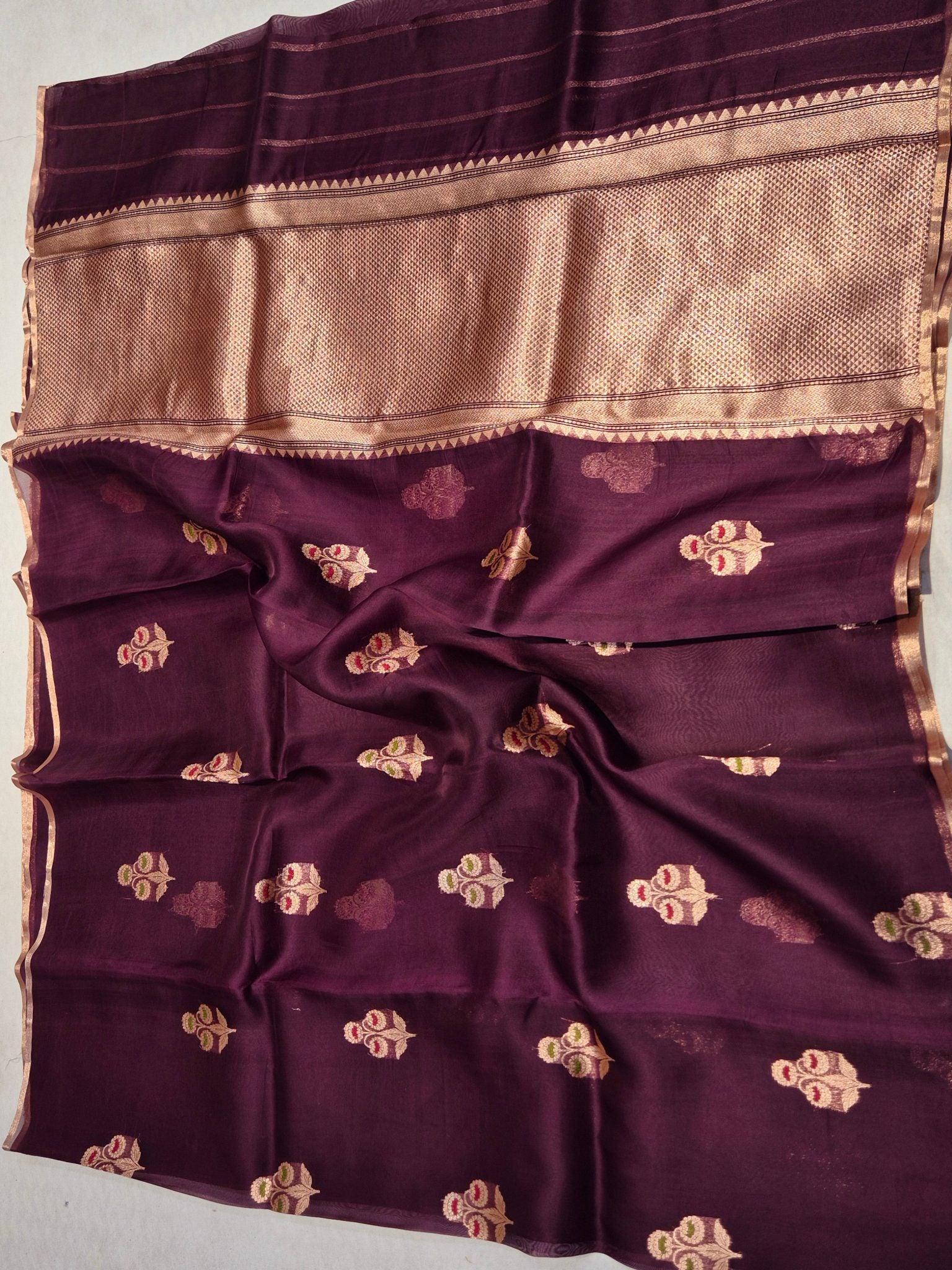 Plum Maroon Kora Silk Banarasi saree texture detail