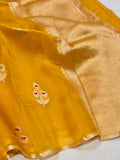 Yellow Kora Silk Banarasi saree front drape view