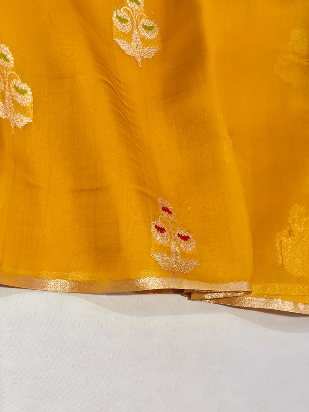 Yellow Kora Silk Banarasi saree border closeup
