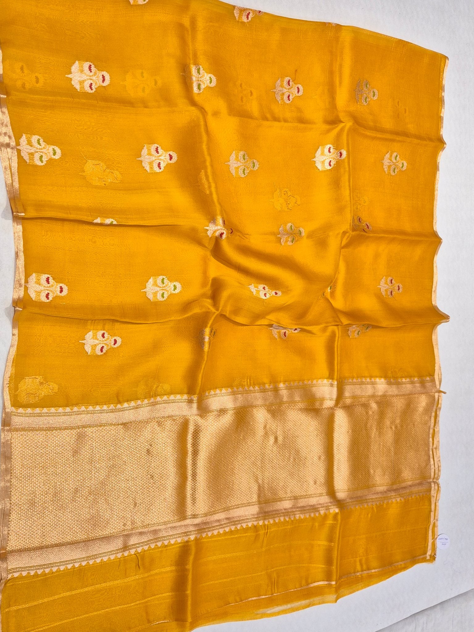 Yellow Kora Silk Banarasi saree full spread