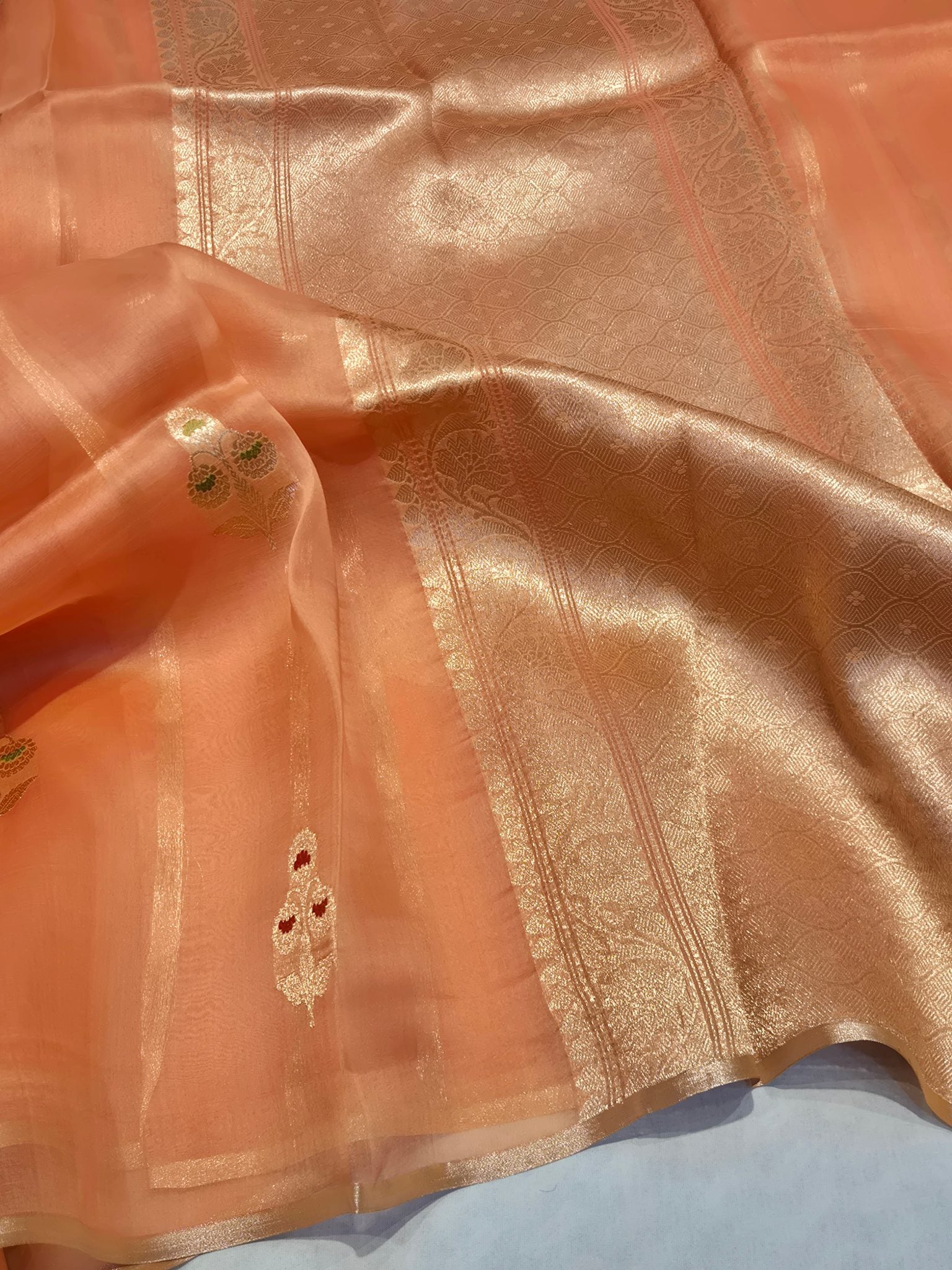Peach Kora Silk Banarasi saree front drape view