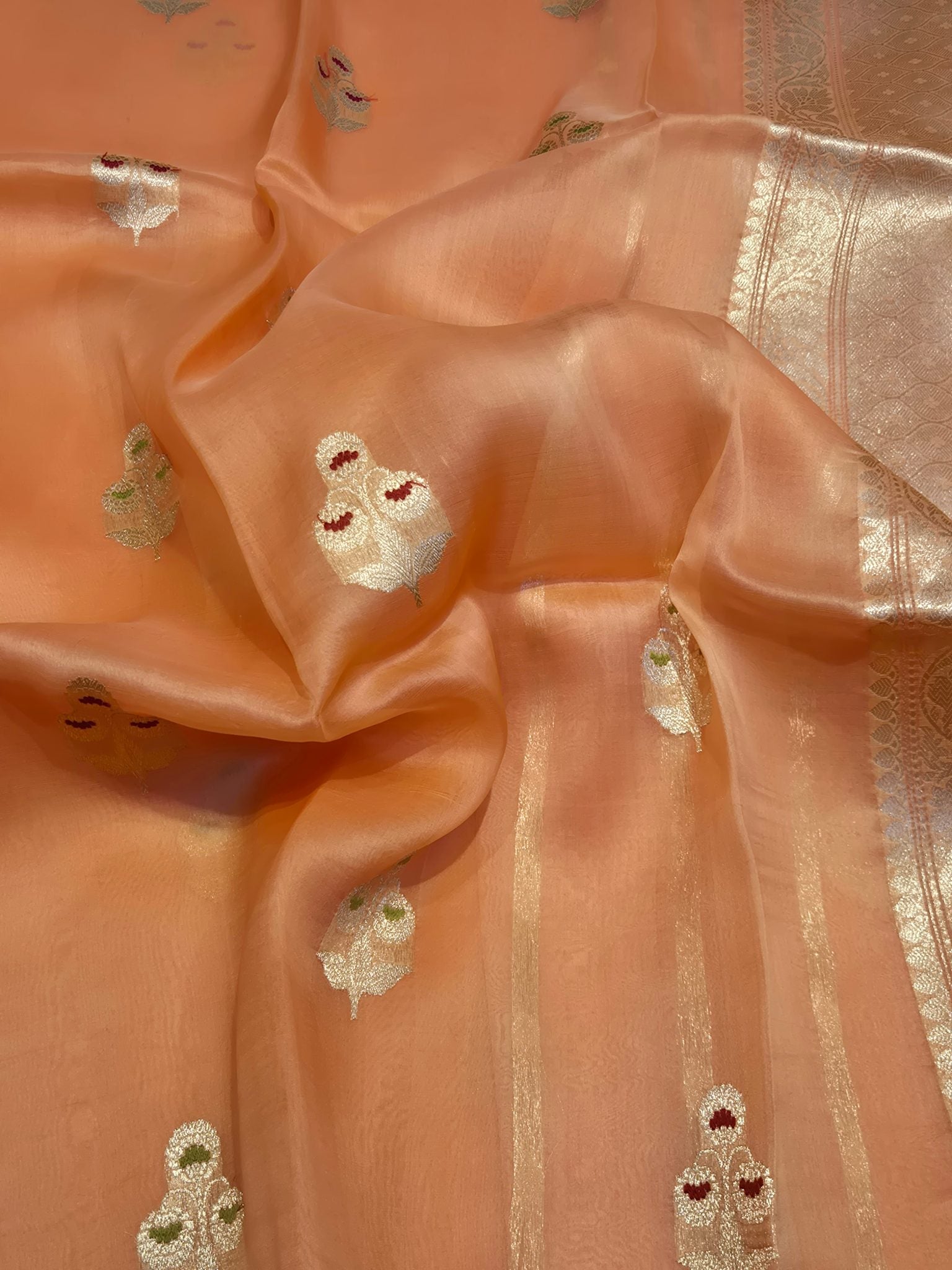 Peach Kora Silk Banarasi saree border closeup