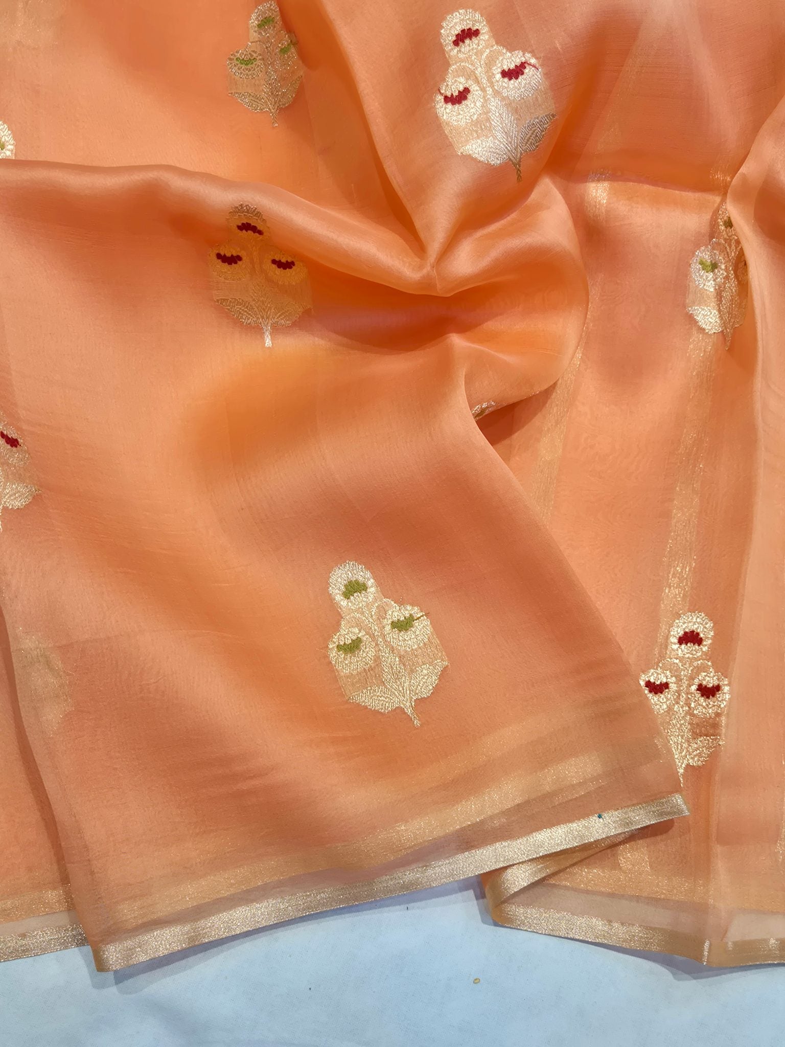 Peach Kora Silk Banarasi saree full spread