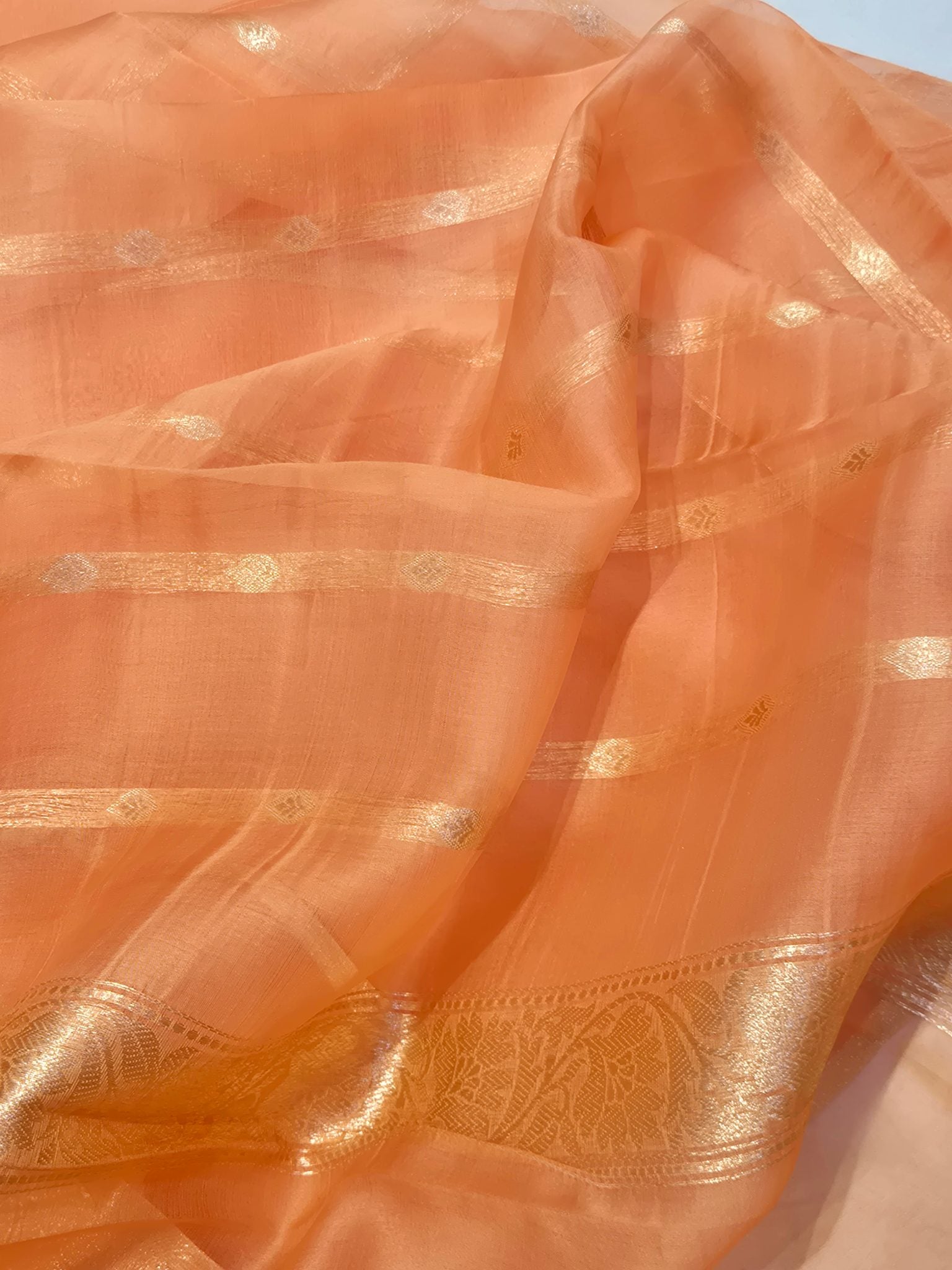 Peach Kora Silk Banarasi saree texture detail