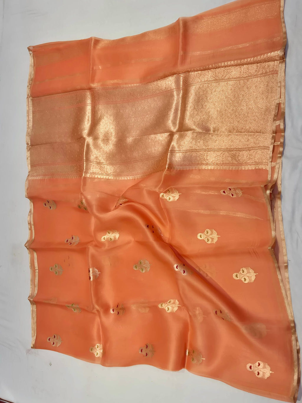 Peach Kora Silk Banarasi saree zari work detail