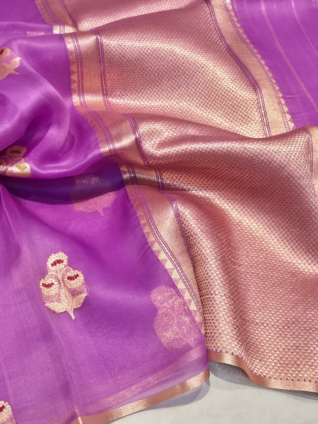 Lavender Katan Silk Banarasi saree front drape view