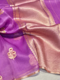 Lavender Katan Silk Banarasi saree front drape view