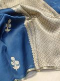 Peacock Blue Kora Silk Banarasi saree front drape view