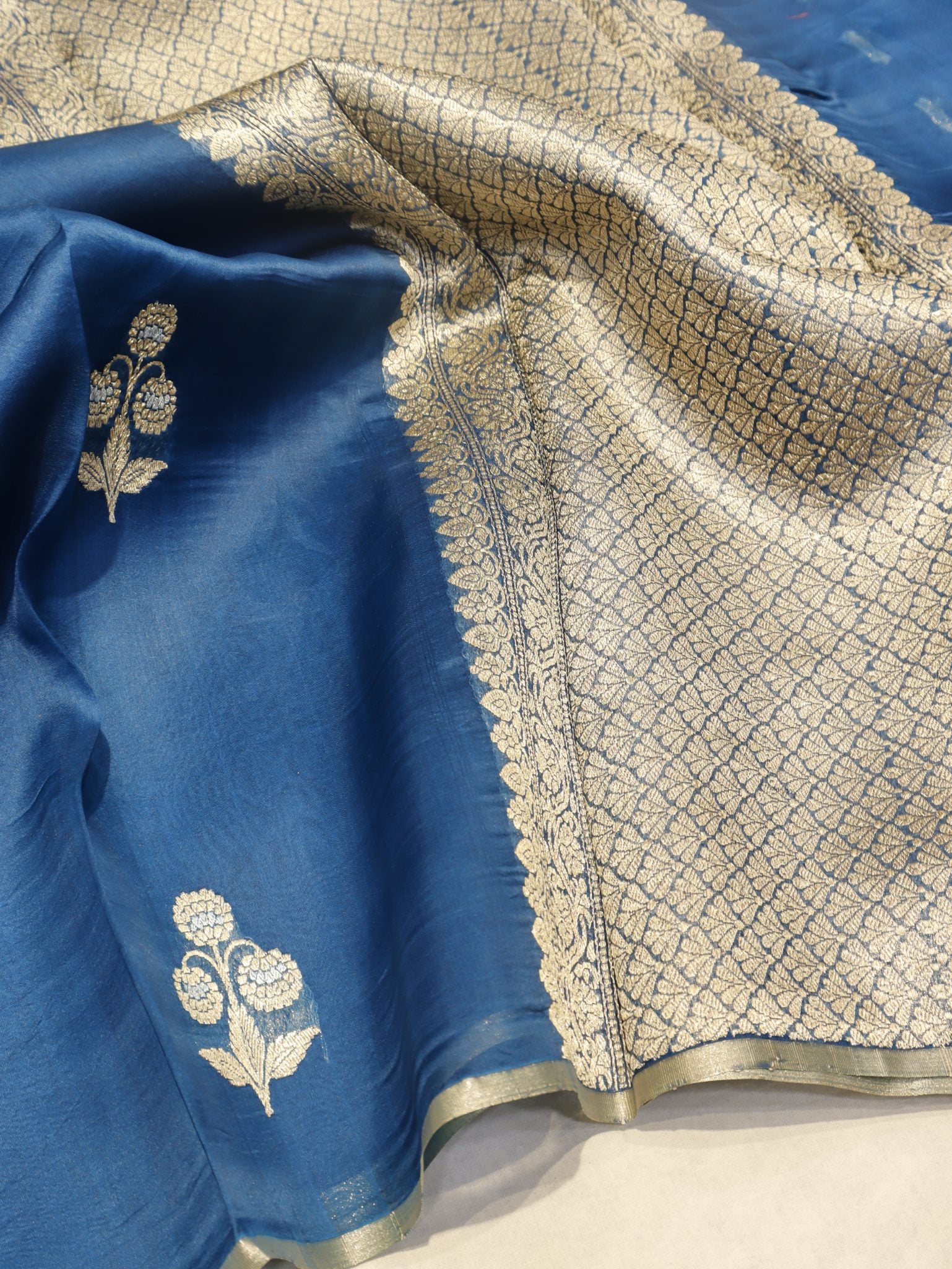Peacock Blue Kora Silk Banarasi saree front drape view