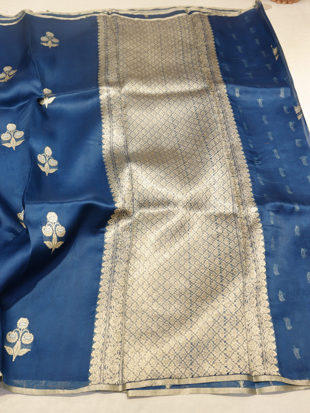 Peacock Blue Kora Silk Banarasi saree full spread