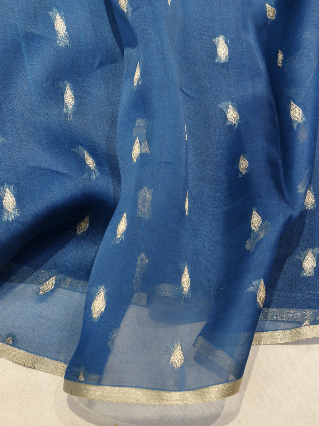 Peacock Blue Kora Silk Banarasi saree texture detail
