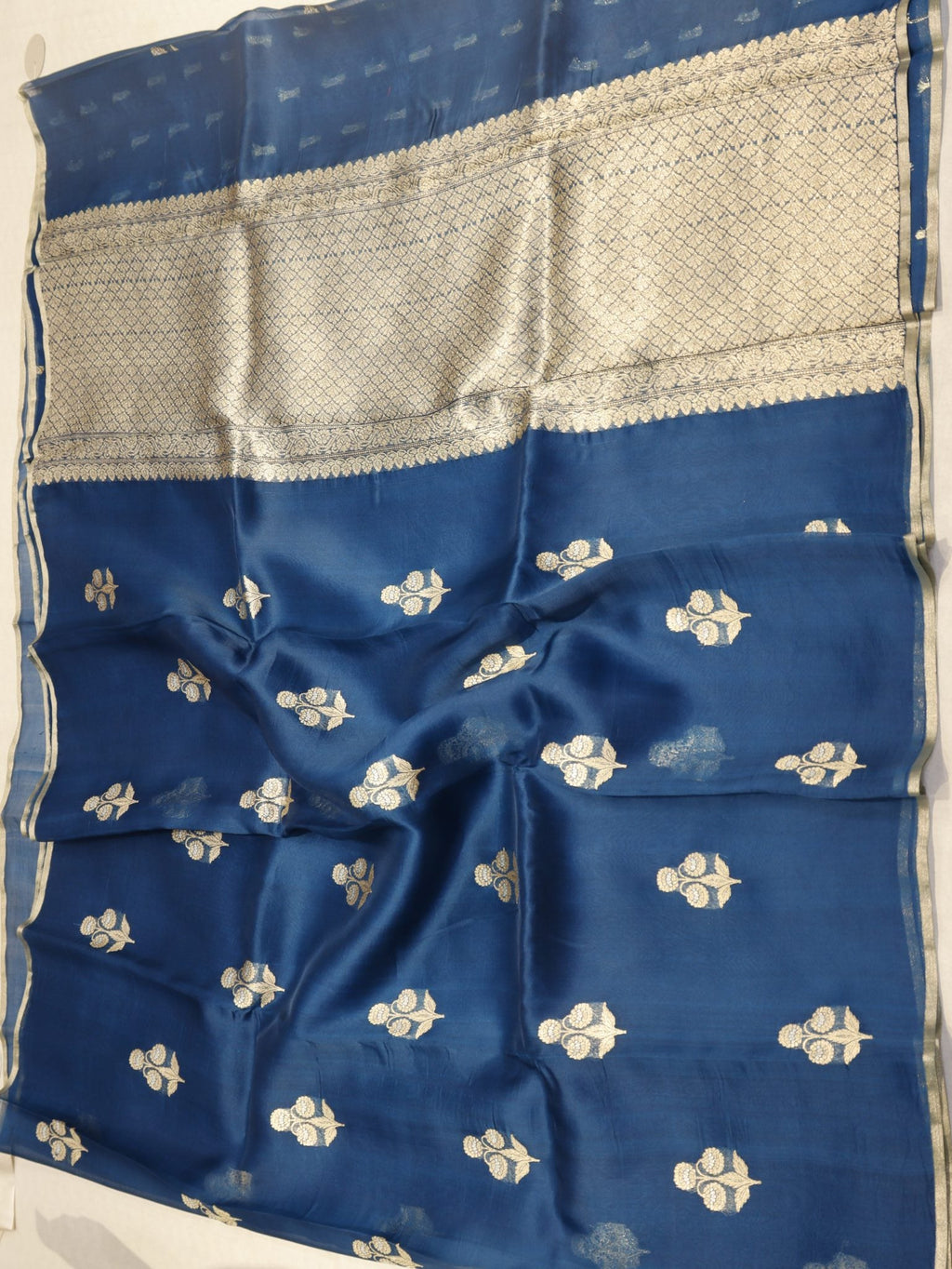 Peacock Blue Kora Silk Banarasi saree zari work detail