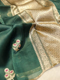 Green Kora Silk Banarasi saree front drape view