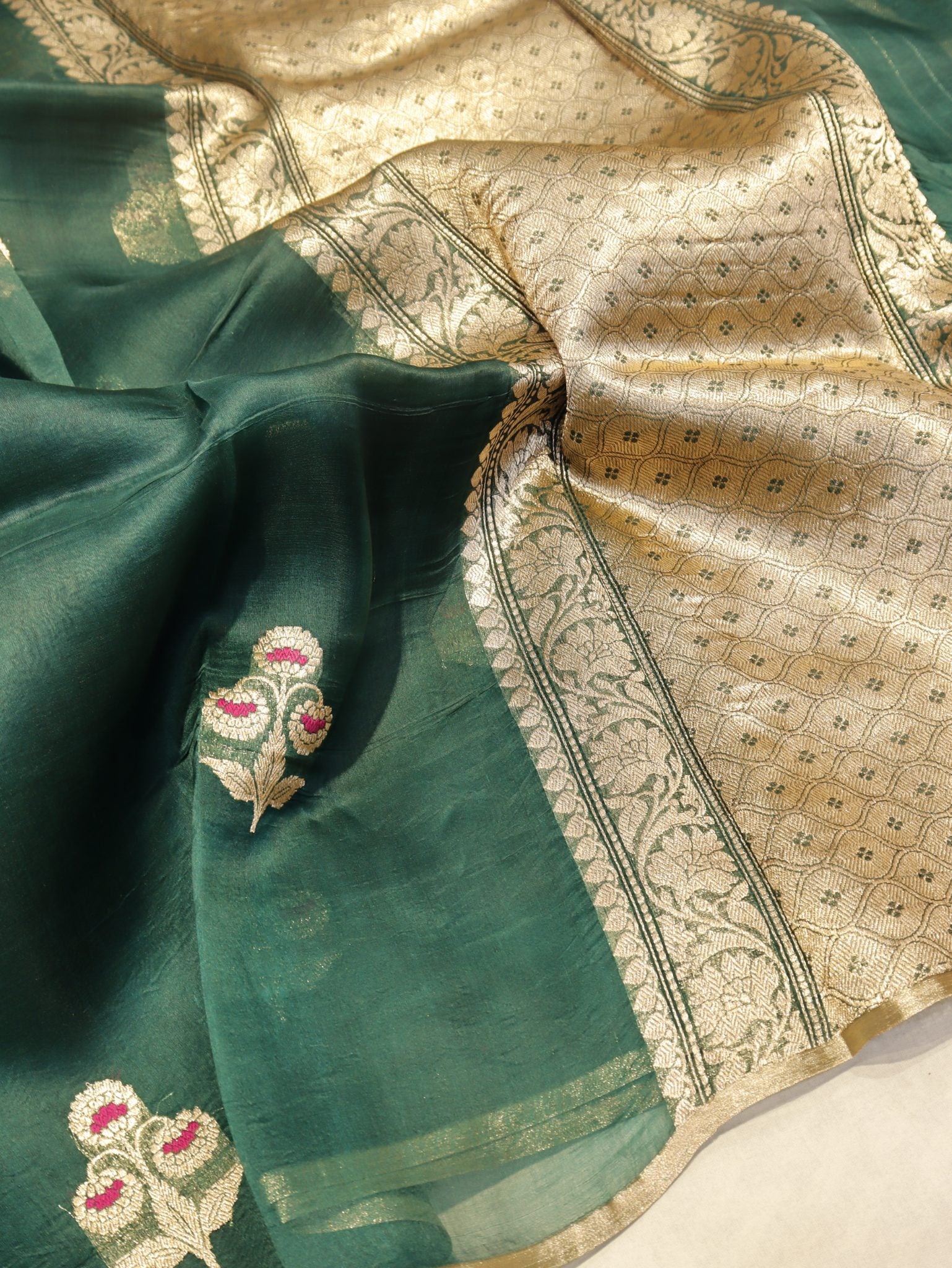 Green Kora Silk Banarasi saree front drape view