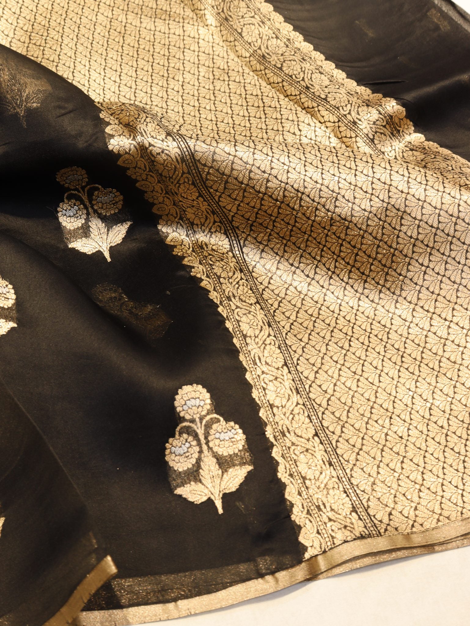 Black Katan Silk Banarasi saree front drape view