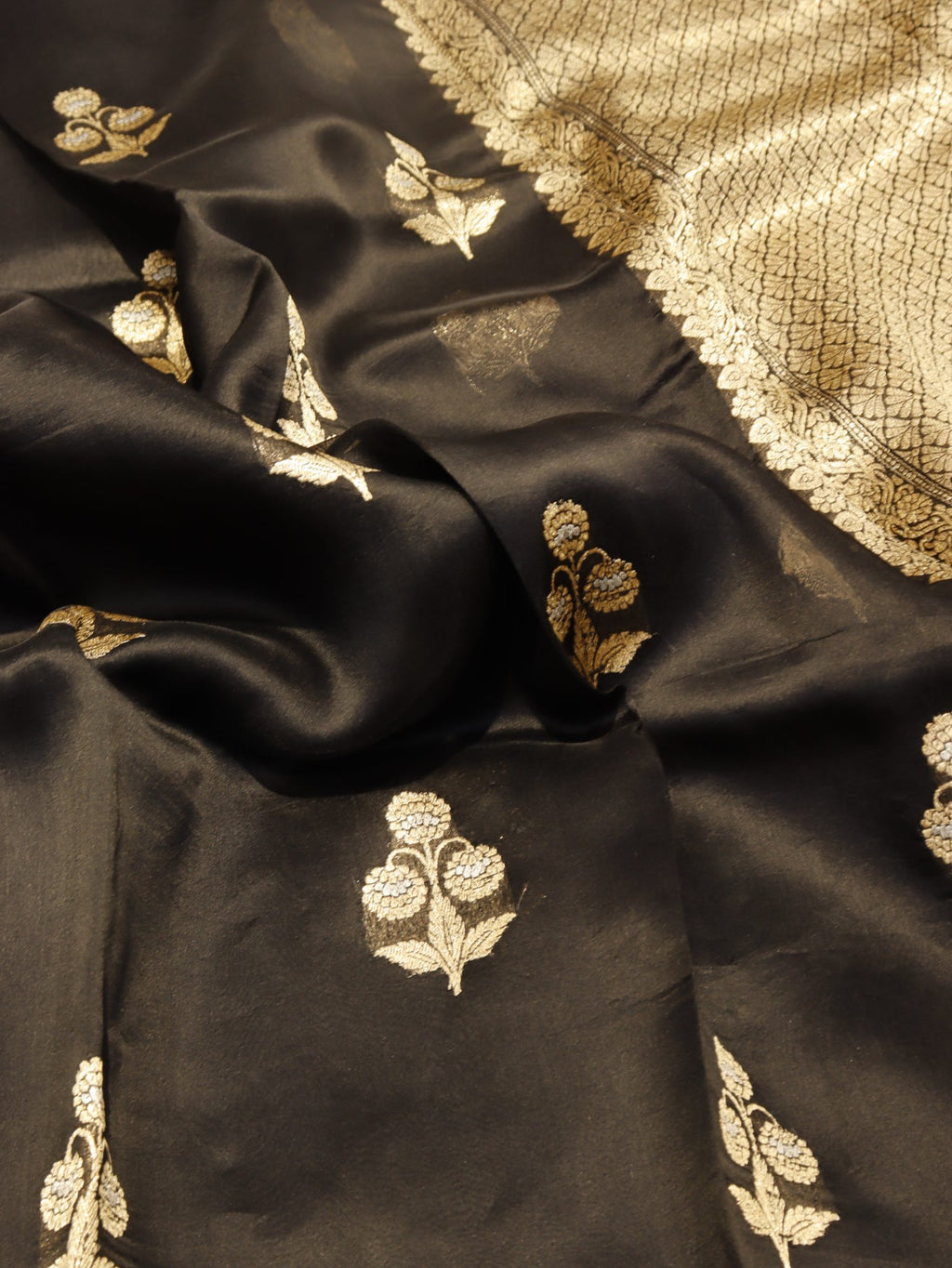 Black Katan Silk Banarasi saree border closeup
