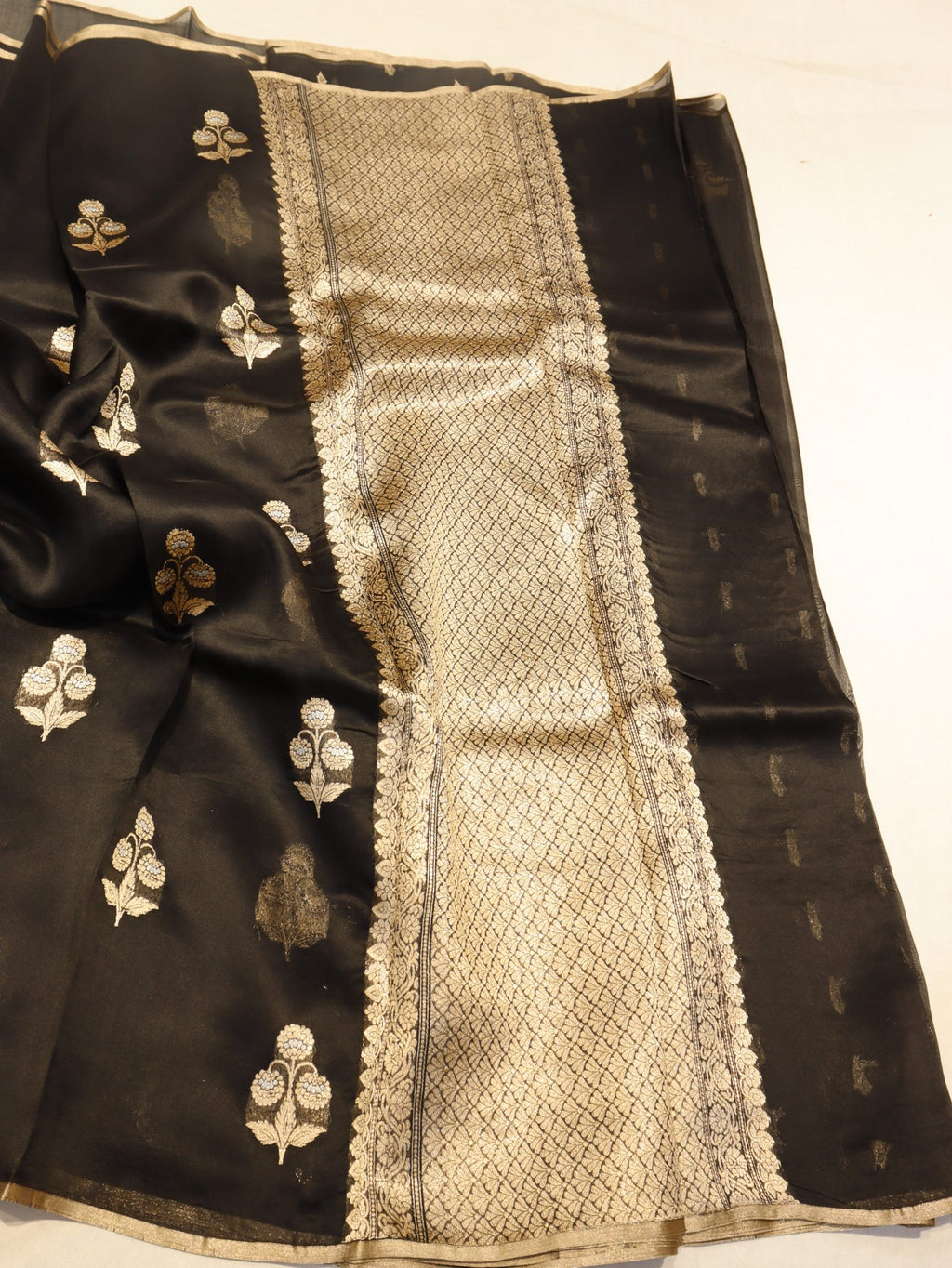 Black Katan Silk Banarasi saree full spread