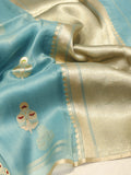 Blue Katan Silk Banarasi saree front drape view