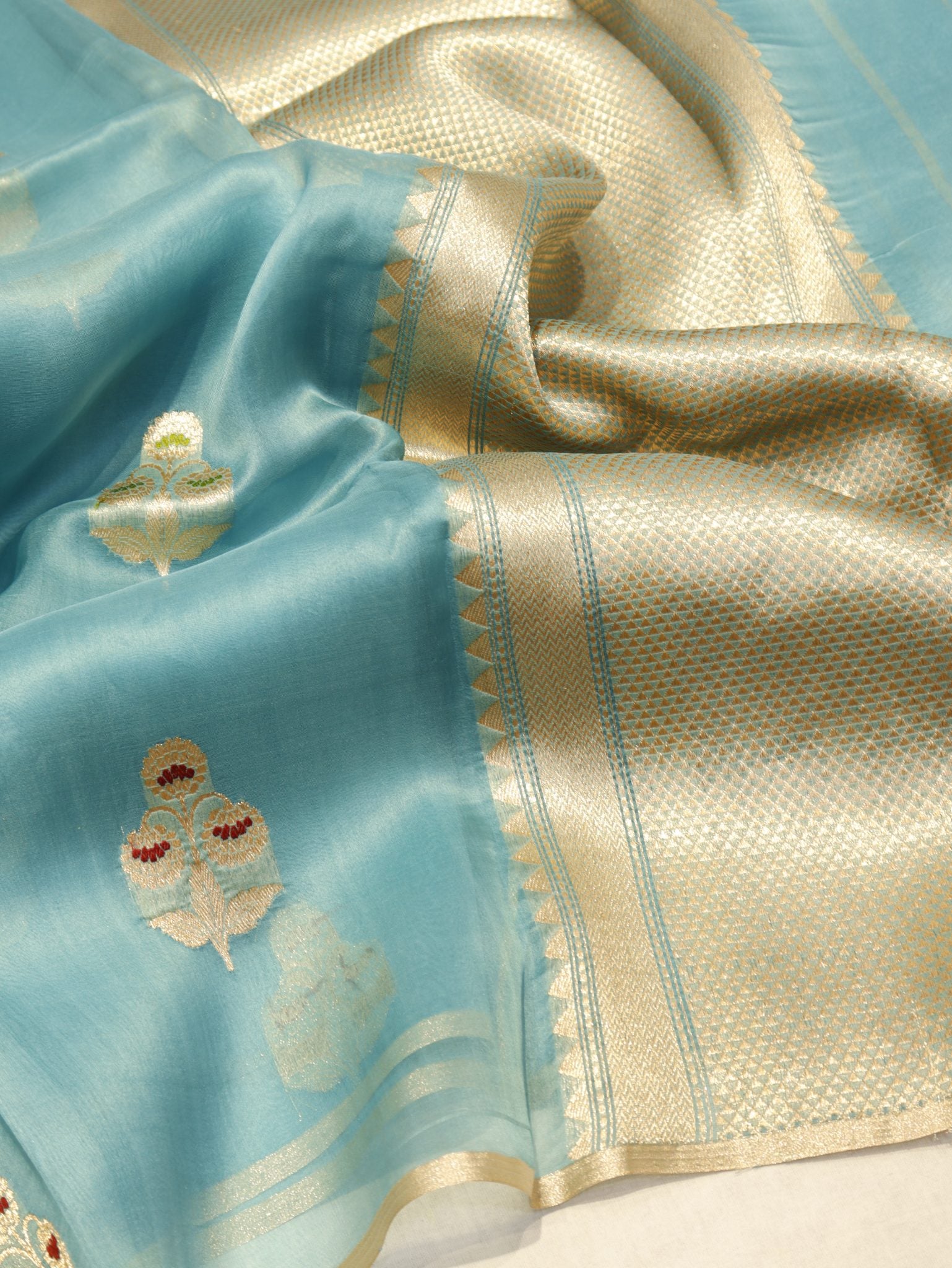 Blue Katan Silk Banarasi saree front drape view