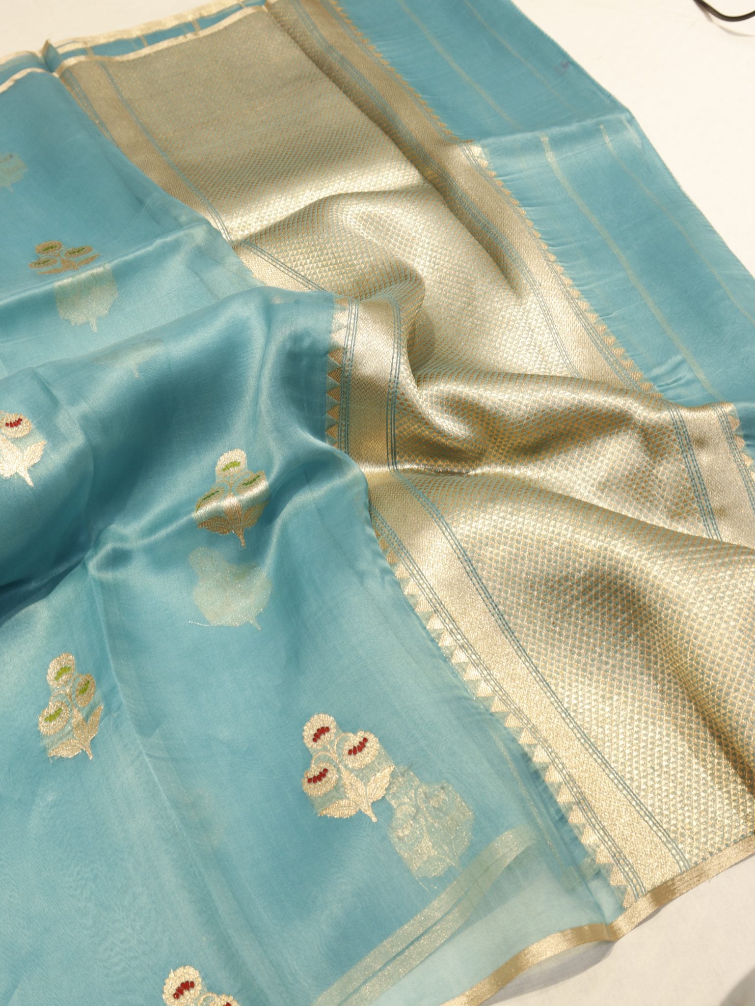 Blue Katan Silk Banarasi saree pallu detail