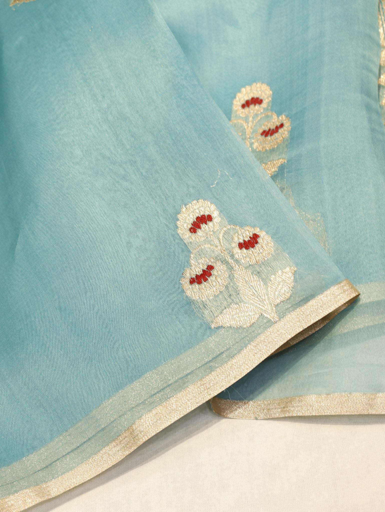 Blue Katan Silk Banarasi saree border closeup