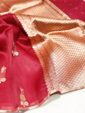 Cherry Red Kora Silk Banarasi saree front drape view