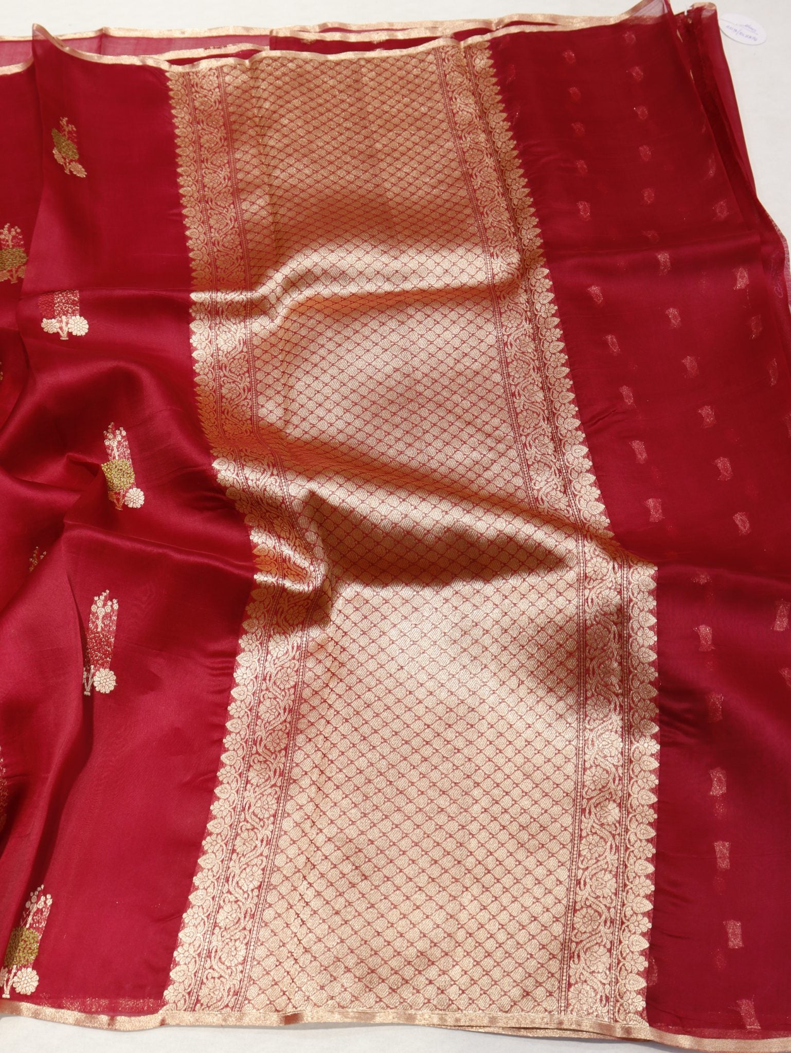Cherry Red Kora Silk Banarasi saree blouse piece