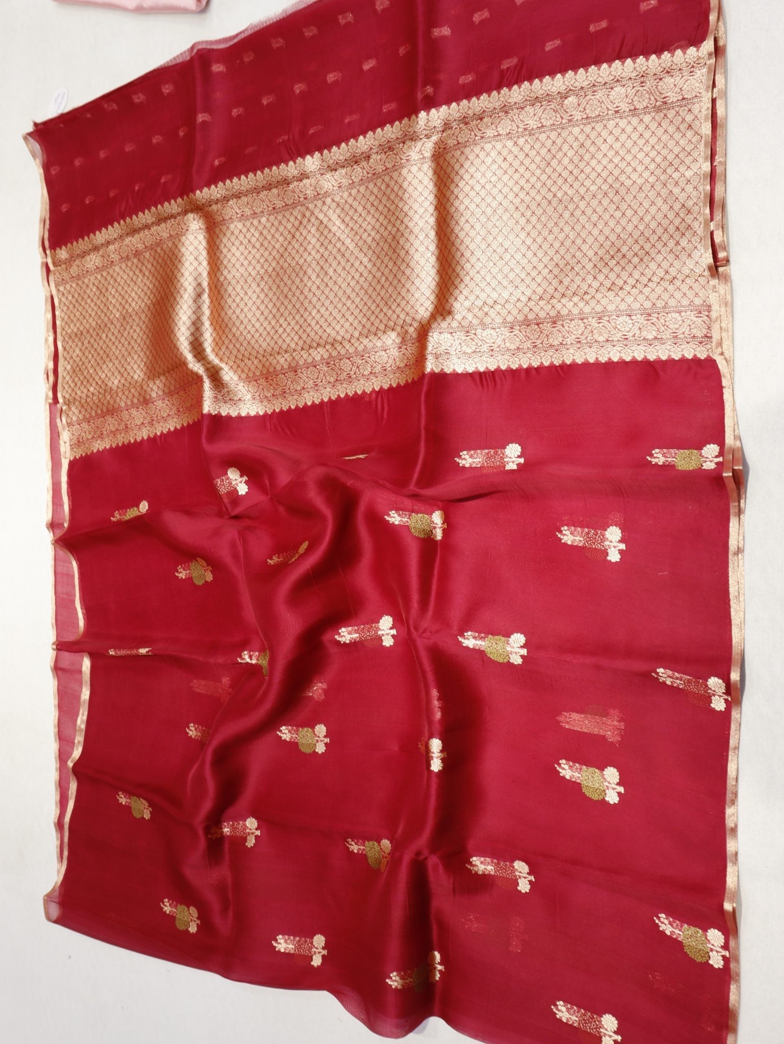 Cherry Red Kora Silk Banarasi saree texture detail