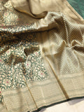 Bottle Green Katan Silk Banarasi saree front drape view