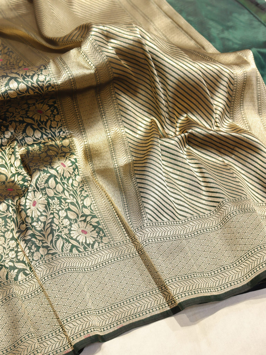 Bottle Green Katan Silk Banarasi saree pallu detail