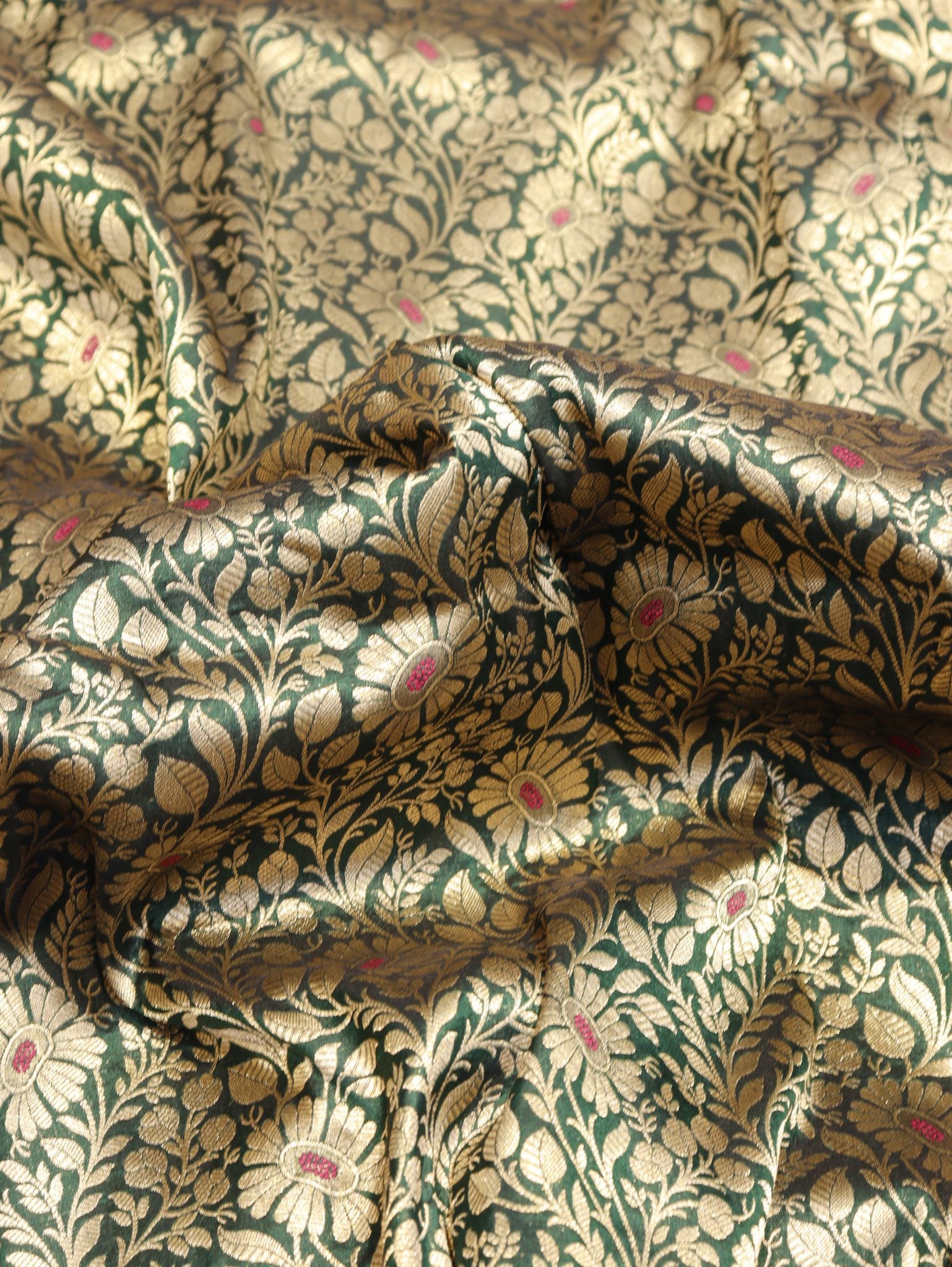 Bottle Green Katan Silk Banarasi saree border closeup