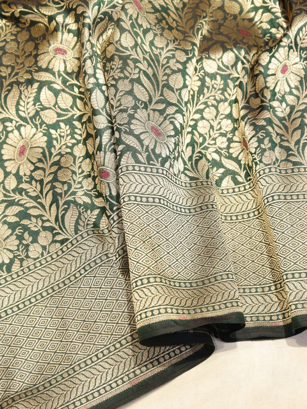 Bottle Green Katan Silk Banarasi saree blouse piece