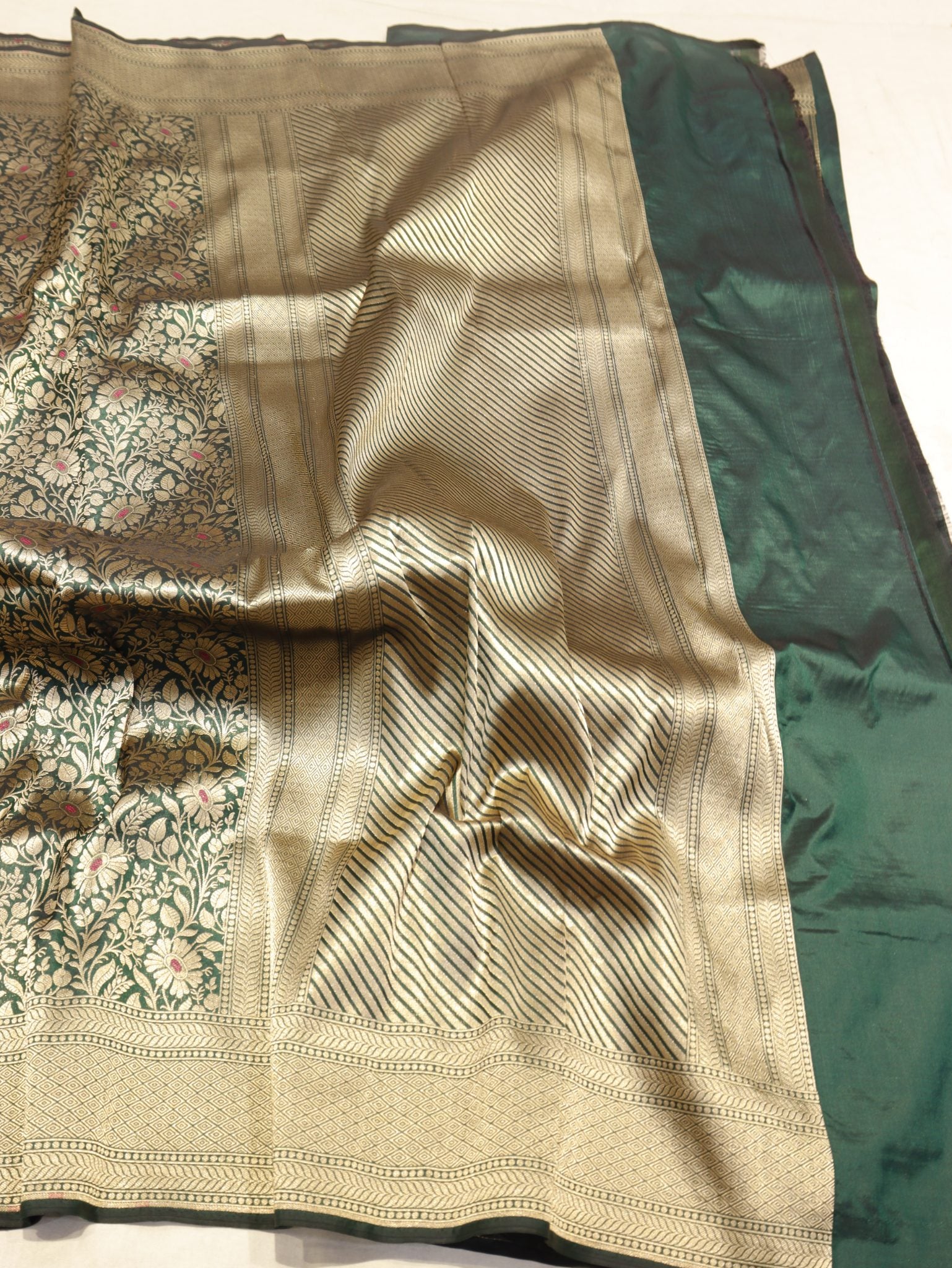 Bottle Green Katan Silk Banarasi saree full spread