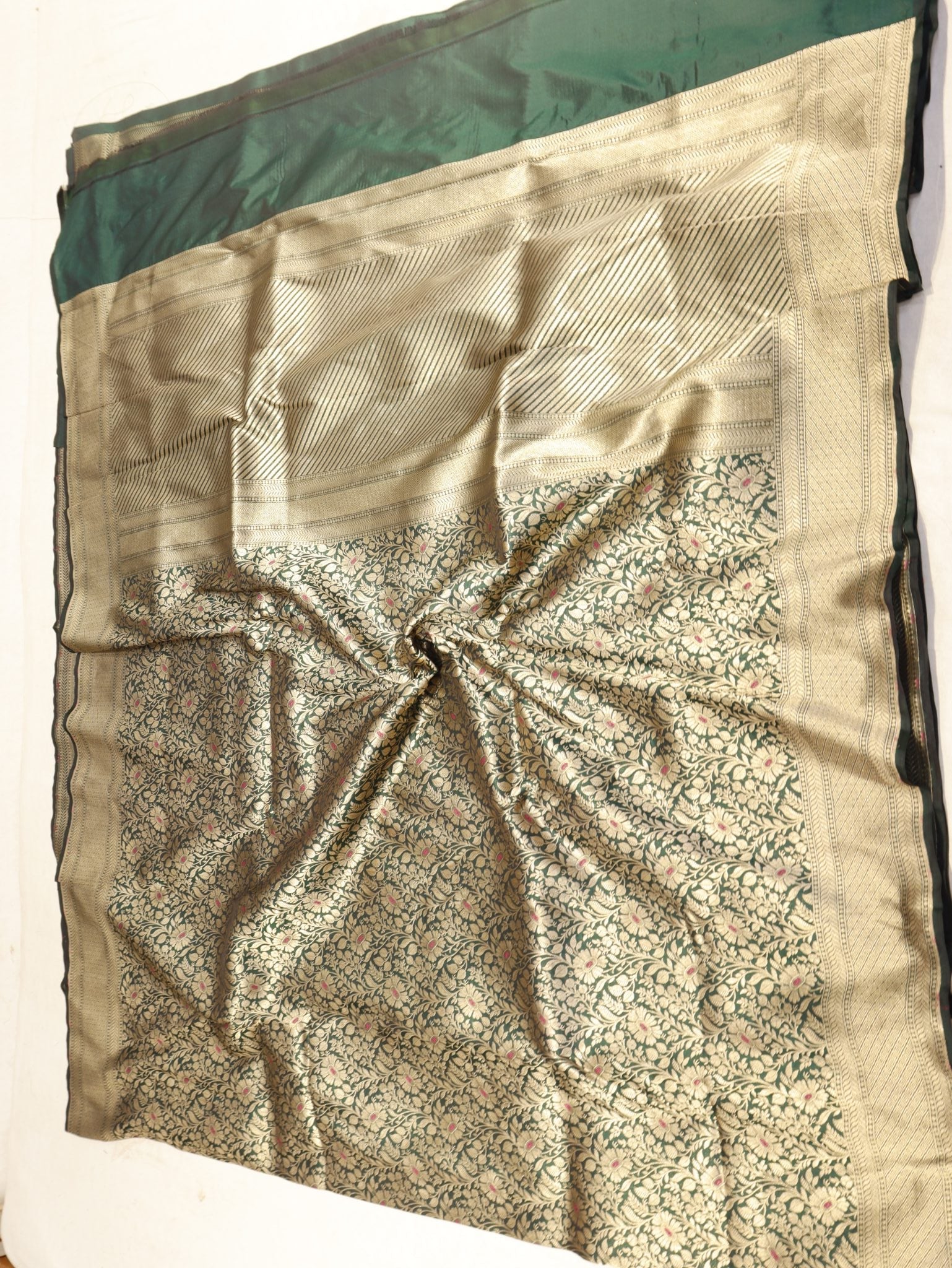 Bottle Green Katan Silk Banarasi saree zari work detail