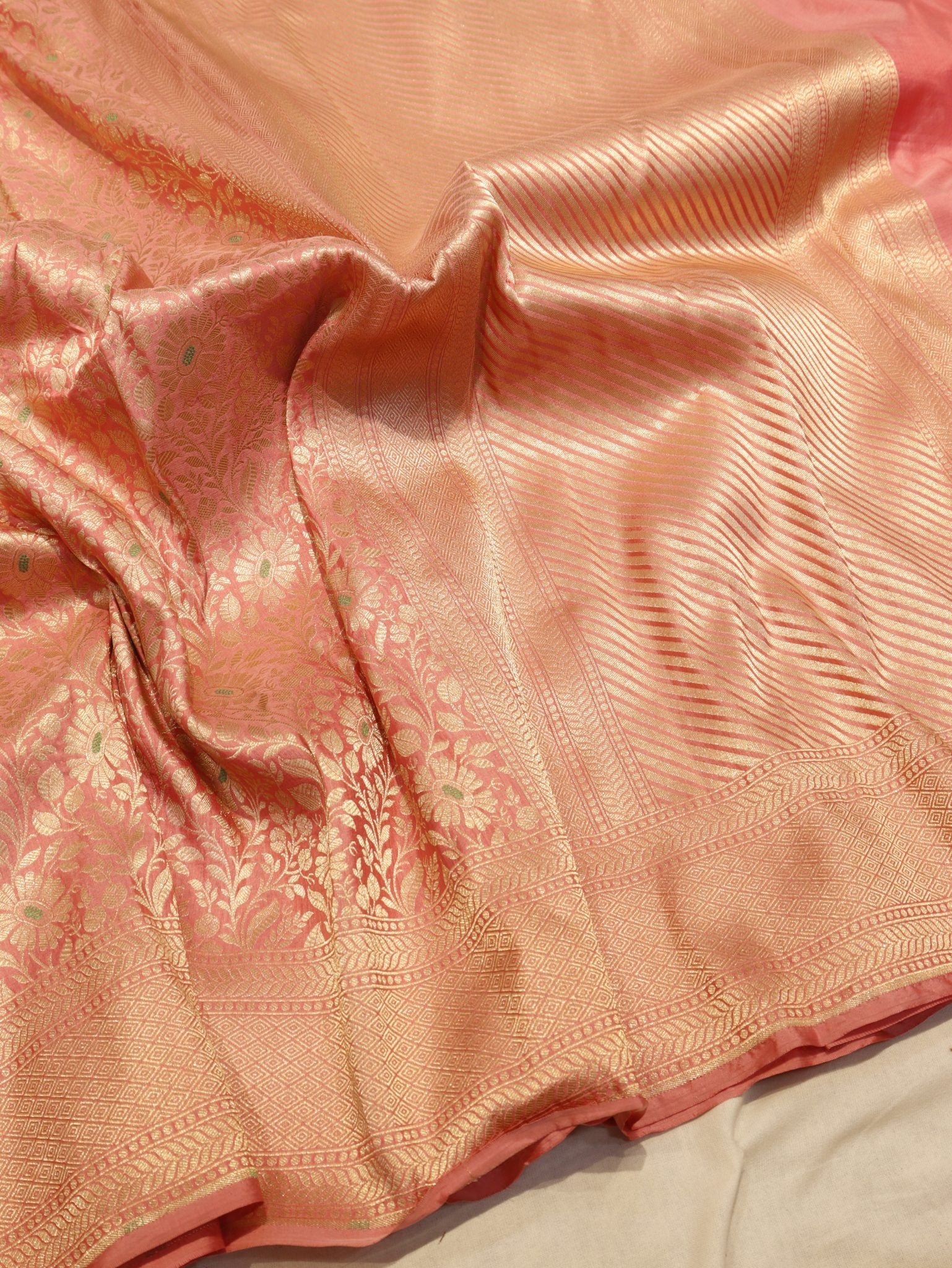 Pink Katan Silk Banarasi saree front drape view