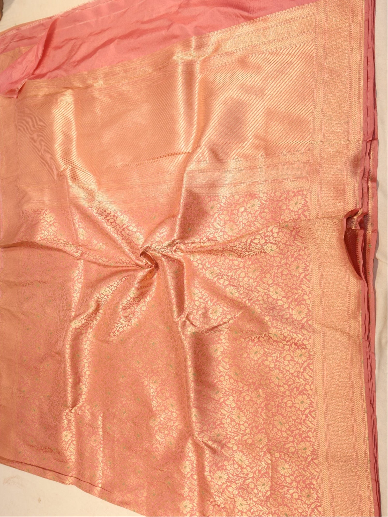 Pink Katan Silk Banarasi saree zari work detail