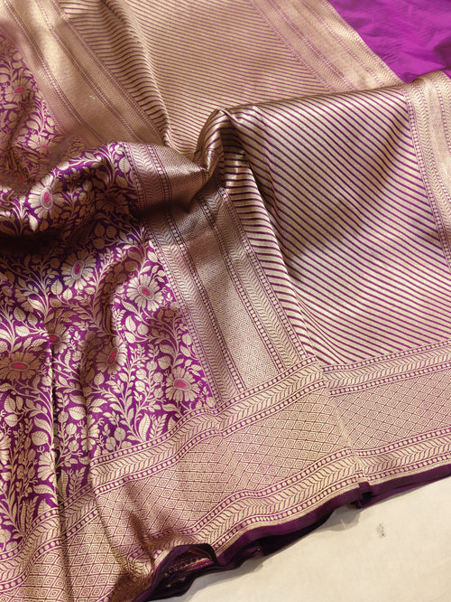 Purple Plum Katan Silk Banarasi saree front drape view