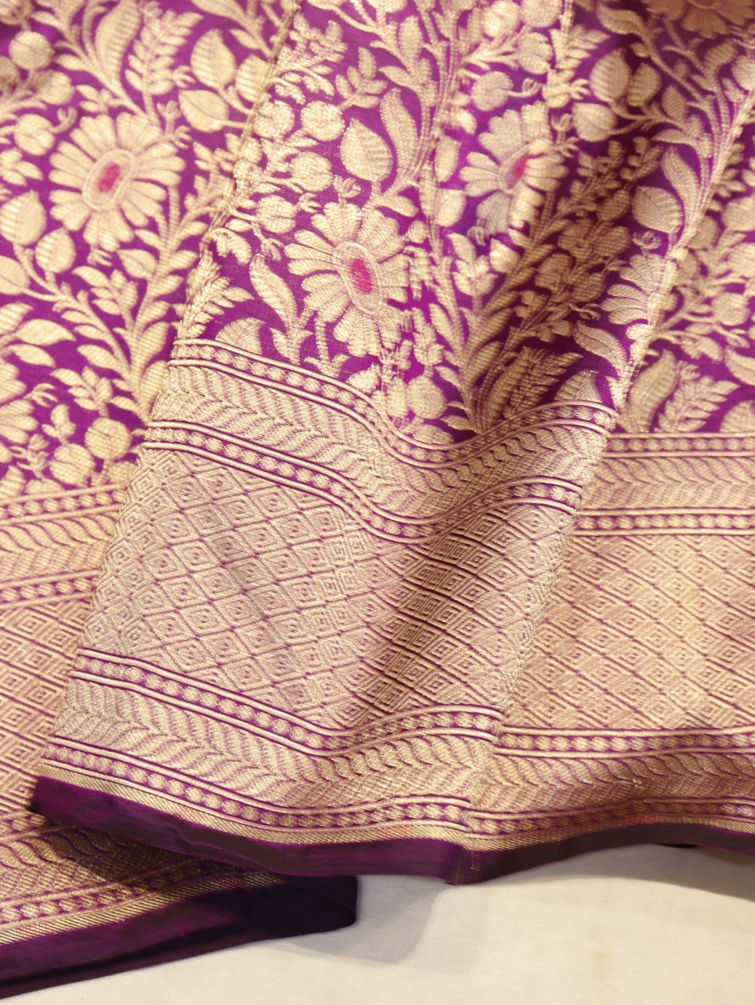 Purple Plum Katan Silk Banarasi saree border closeup