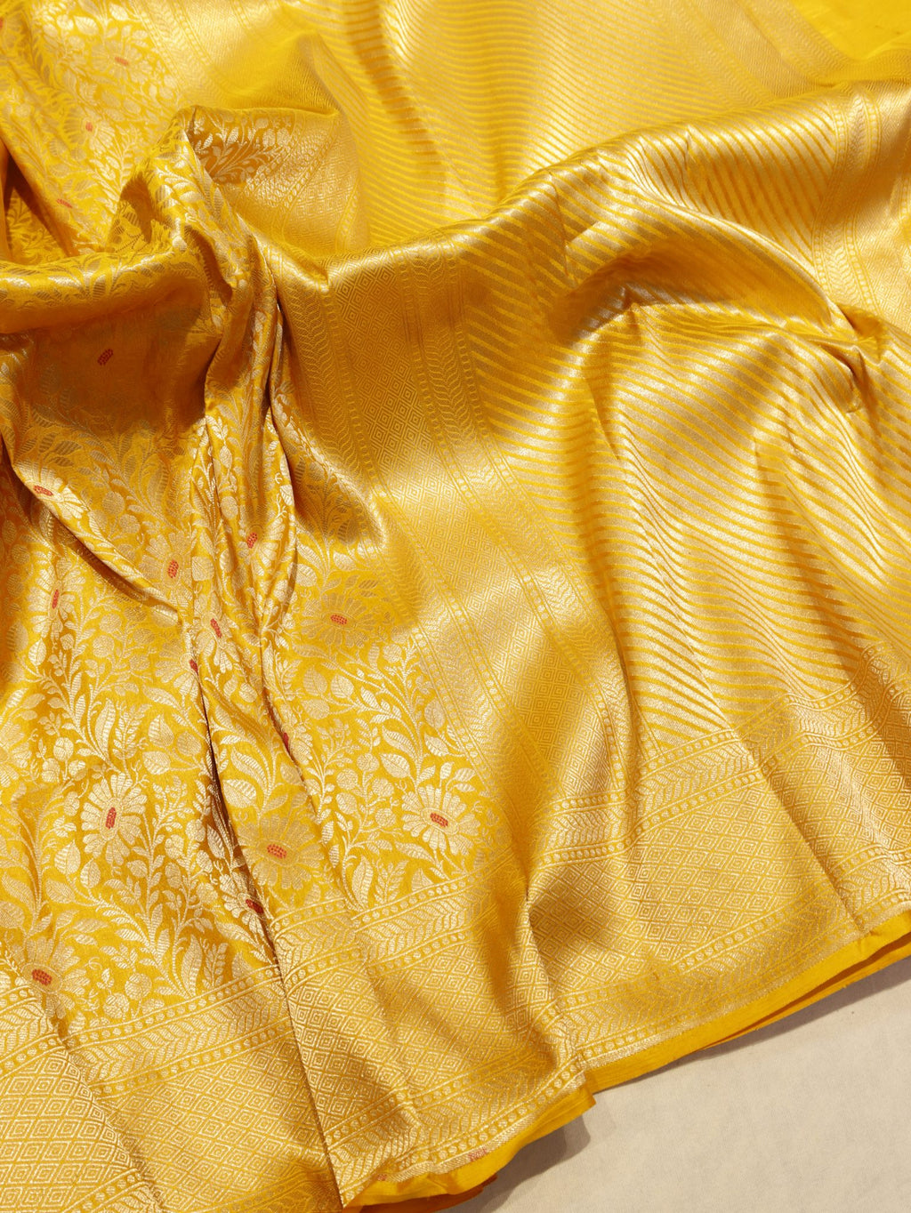 Yellow Katan Silk Banarasi saree front drape view
