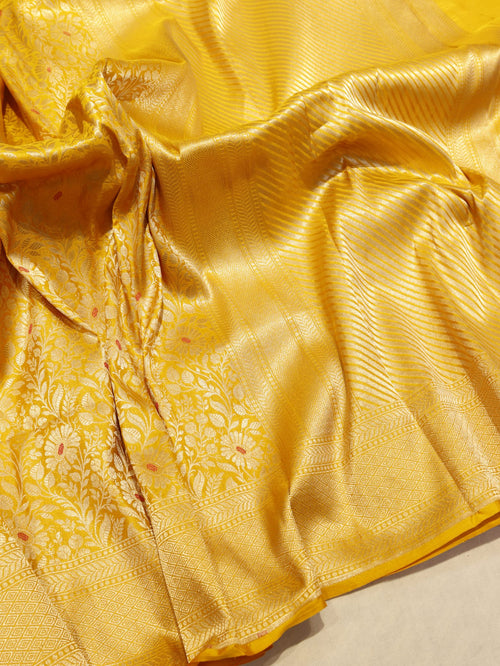 Yellow Katan Silk Banarasi saree front drape view