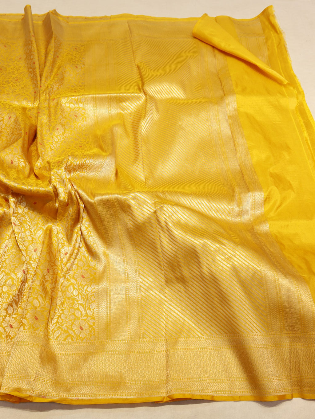Yellow Katan Silk Banarasi saree full spread