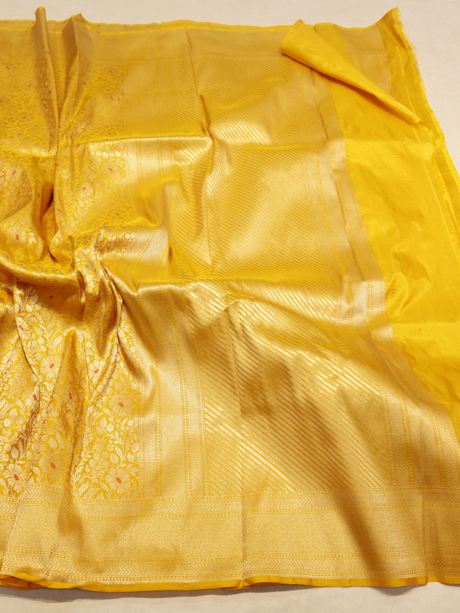 Yellow Katan Silk Banarasi saree full spread
