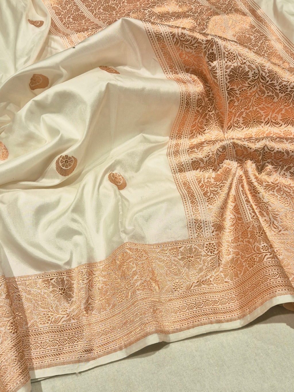 White Katan Silk Banarasi saree front drape view
