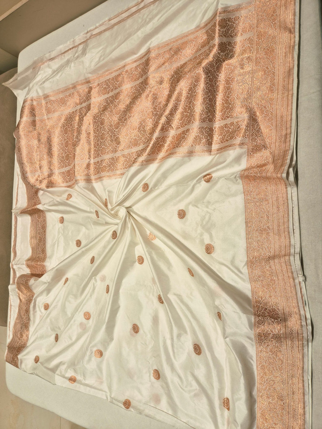 White Katan Silk Banarasi saree texture detail