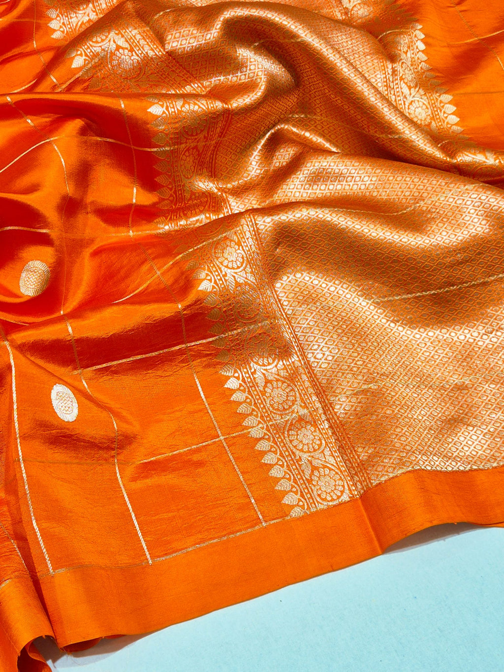 Orange Soft Katan Banarasi saree front drape view