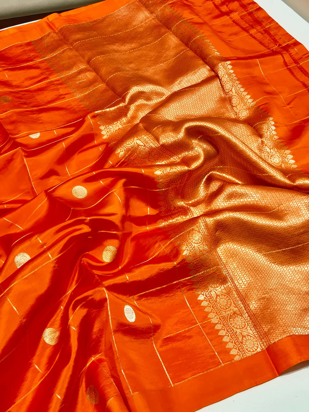 Orange Soft Katan Banarasi saree pallu detail
