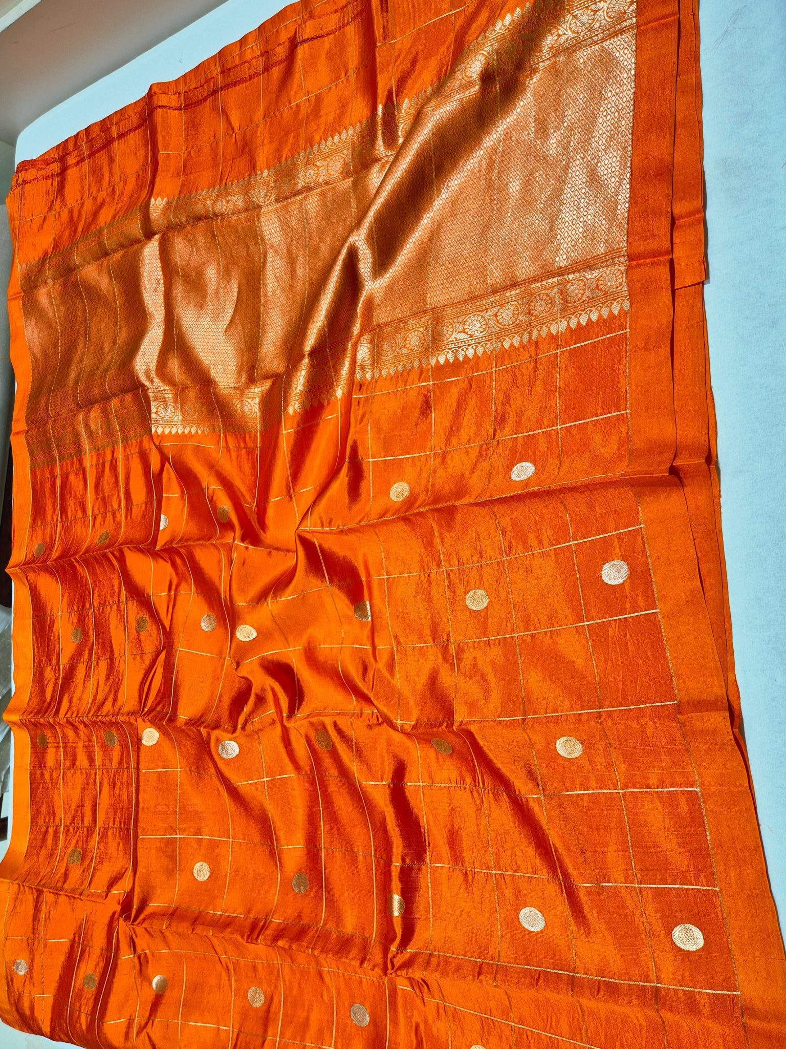 Orange Soft Katan Banarasi saree texture detail